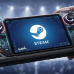 A person holds a handheld gaming device displaying the Steam logo on its screen, with illuminated buttons and digital interface graphics.