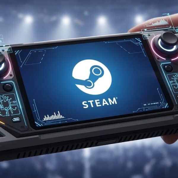 A person holds a handheld gaming device displaying the Steam logo on its screen, with illuminated buttons and digital interface graphics.