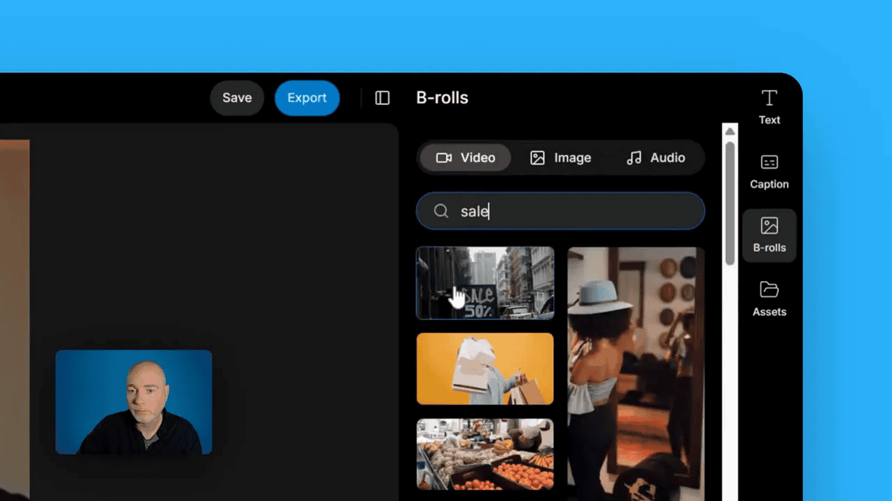 Reap editor showing B‑roll search results for 'sale' with multiple thumbnail previews and presenter inset