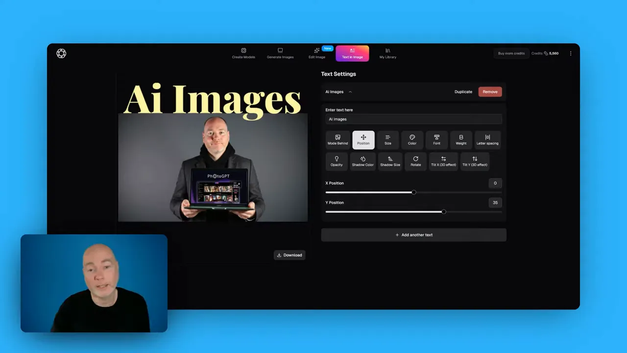 PhotoGPT text-in-image editor showing the Text Settings panel and a preview image with a large headline, presenter visible in a small corner webcam.