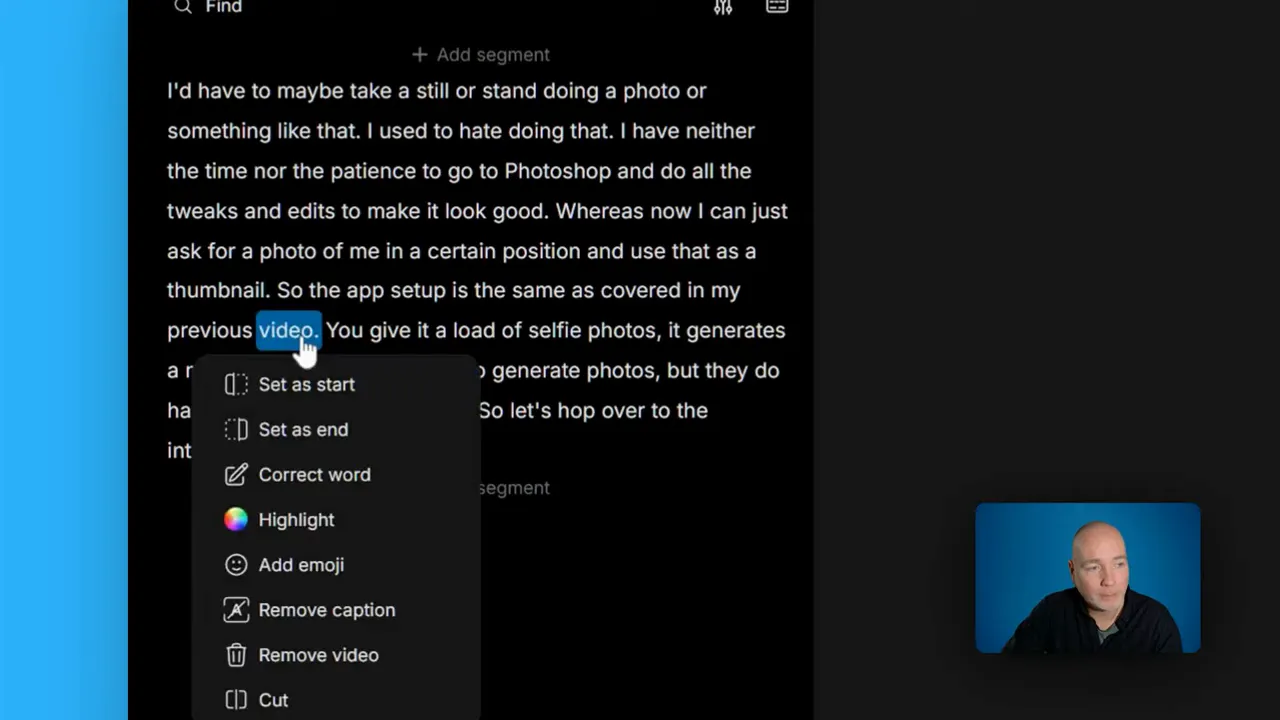 Transcript menu showing options to set start, set end, correct word, highlight