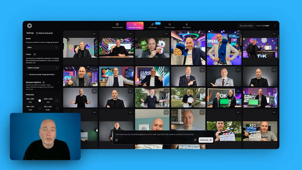 Clear screenshot of PhotoGPT's gallery with presets on the left, a grid of generated images and a small webcam preview.