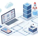 Isometric illustration of cloud computing with servers, a laptop, a smartphone, network connections, a rocket, clouds, and a person working at a desk.