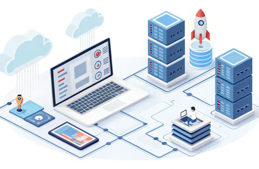 Isometric illustration of cloud computing with servers, a laptop, a smartphone, network connections, a rocket, clouds, and a person working at a desk.
