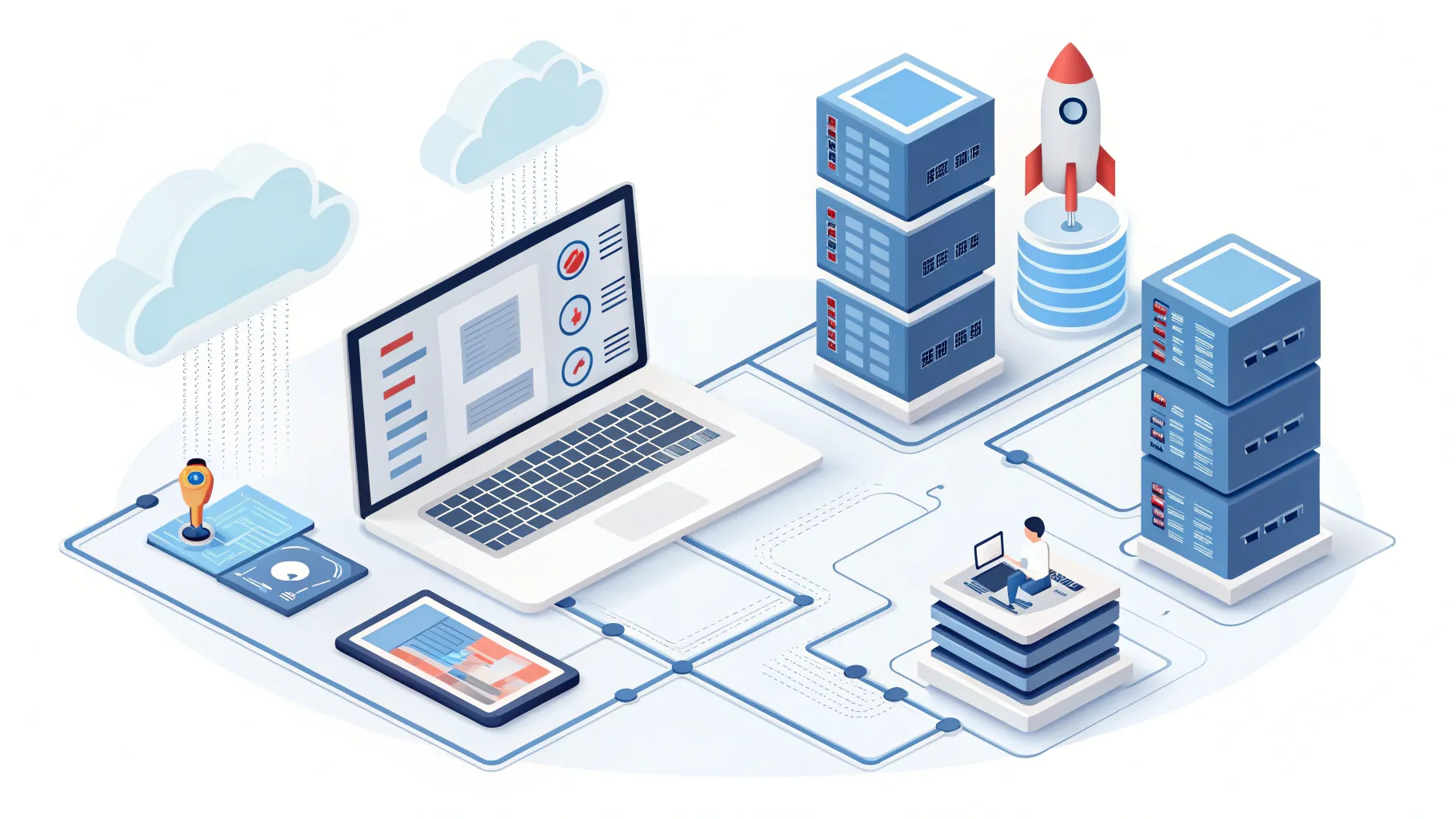 Isometric illustration of cloud computing with servers, a laptop, a smartphone, network connections, a rocket, clouds, and a person working at a desk.