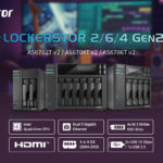 Promotional image for Asustor Lockerstor 2/6/4 Gen2+ NAS devices, highlighting features like Intel quad-core CPU, dual 5GbE, NVMe SSD slots, HDMI, and USB ports.
