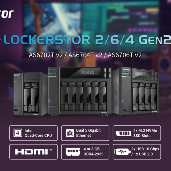 Promotional image for Asustor Lockerstor 2/6/4 Gen2+ NAS devices, highlighting features like Intel quad-core CPU, dual 5GbE, NVMe SSD slots, HDMI, and USB ports.