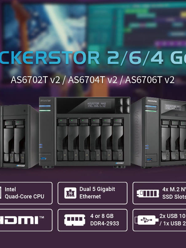 Promotional image for Asustor Lockerstor 2/6/4 Gen2+ NAS devices, highlighting features like Intel quad-core CPU, dual 5GbE, NVMe SSD slots, HDMI, and USB ports.