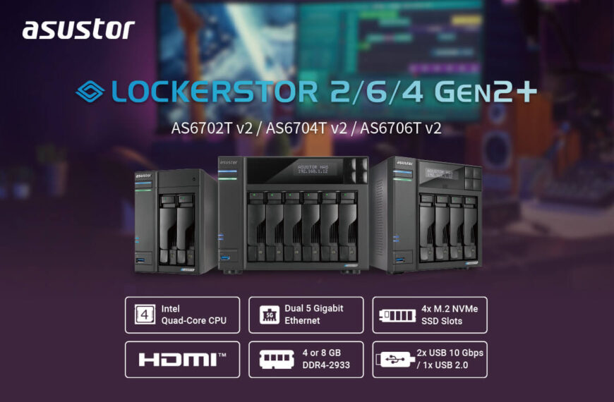 Promotional image for Asustor Lockerstor 2/6/4 Gen2+ NAS devices, highlighting features like Intel quad-core CPU, dual 5GbE, NVMe SSD slots, HDMI, and USB ports.