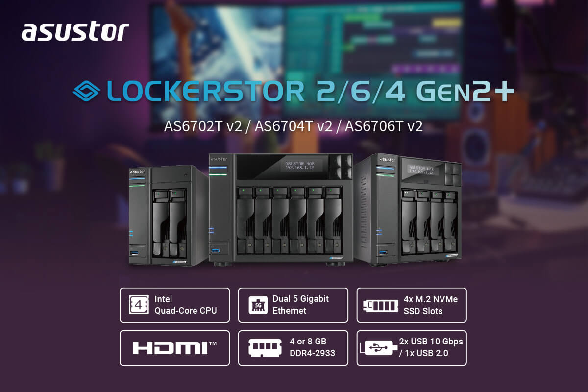 Promotional image for Asustor Lockerstor 2/6/4 Gen2+ NAS devices, highlighting features like Intel quad-core CPU, dual 5GbE, NVMe SSD slots, HDMI, and USB ports.