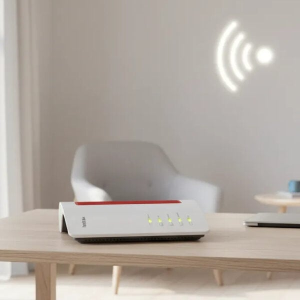 A Wi-Fi router with indicator lights is on a wooden table next to a cup and a closed laptop in a bright room, with a Wi-Fi symbol projected on the wall.