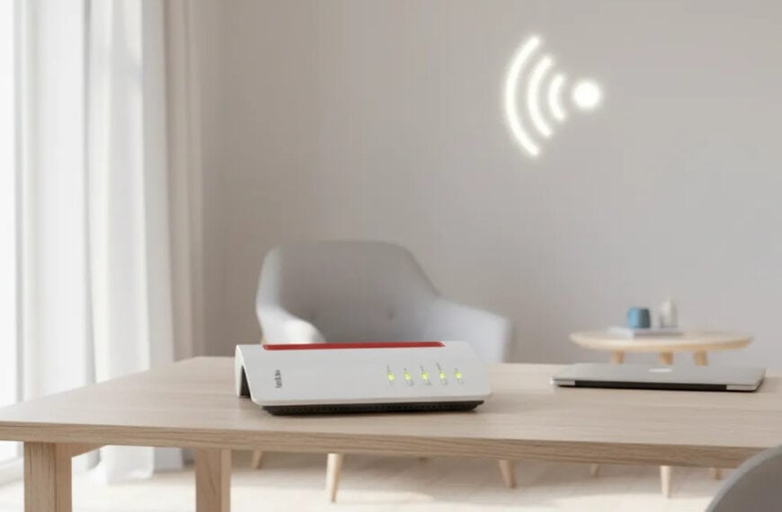 A Wi-Fi router with indicator lights is on a wooden table next to a cup and a closed laptop in a bright room, with a Wi-Fi symbol projected on the wall.