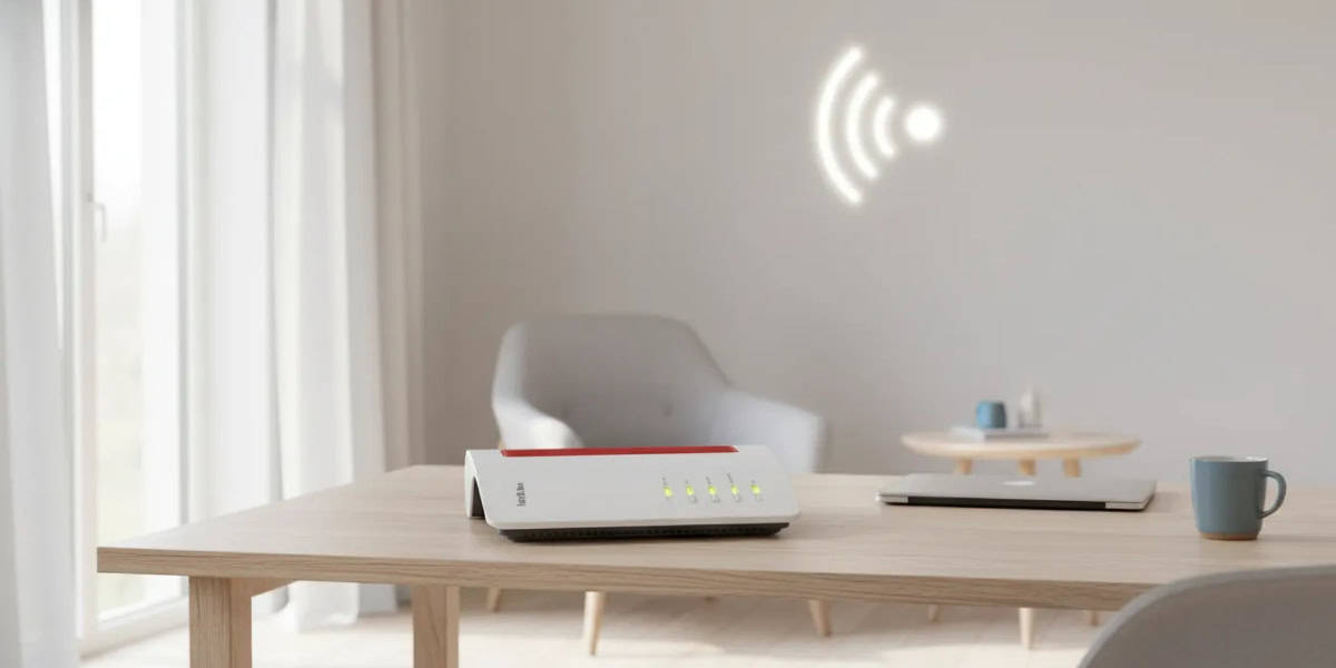 A Wi-Fi router with indicator lights is on a wooden table next to a cup and a closed laptop in a bright room, with a Wi-Fi symbol projected on the wall.