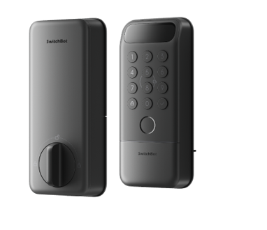 Two black smart lock devices by SwitchBot; one features a round knob, the other a keypad with a circular button and small screen.