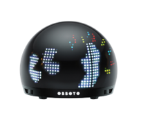 A black, dome-shaped electronic device with a pixelated LED display showing colorful patterns and the brand name "OBBOTO" on the front.