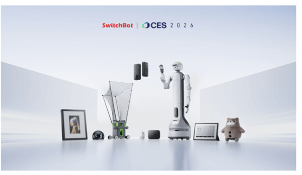 A futuristic scene features various smart home devices, a humanoid robot, and gadgets on display under the banner "SwitchBot | CES 2026.