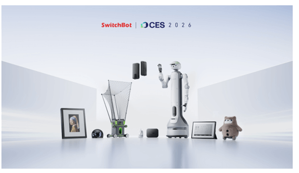 A futuristic scene features various smart home devices, a humanoid robot, and gadgets on display under the banner "SwitchBot | CES 2026.