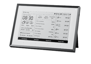 A digital weather station display showing time, date, temperature, humidity, air quality, and weather forecast data.