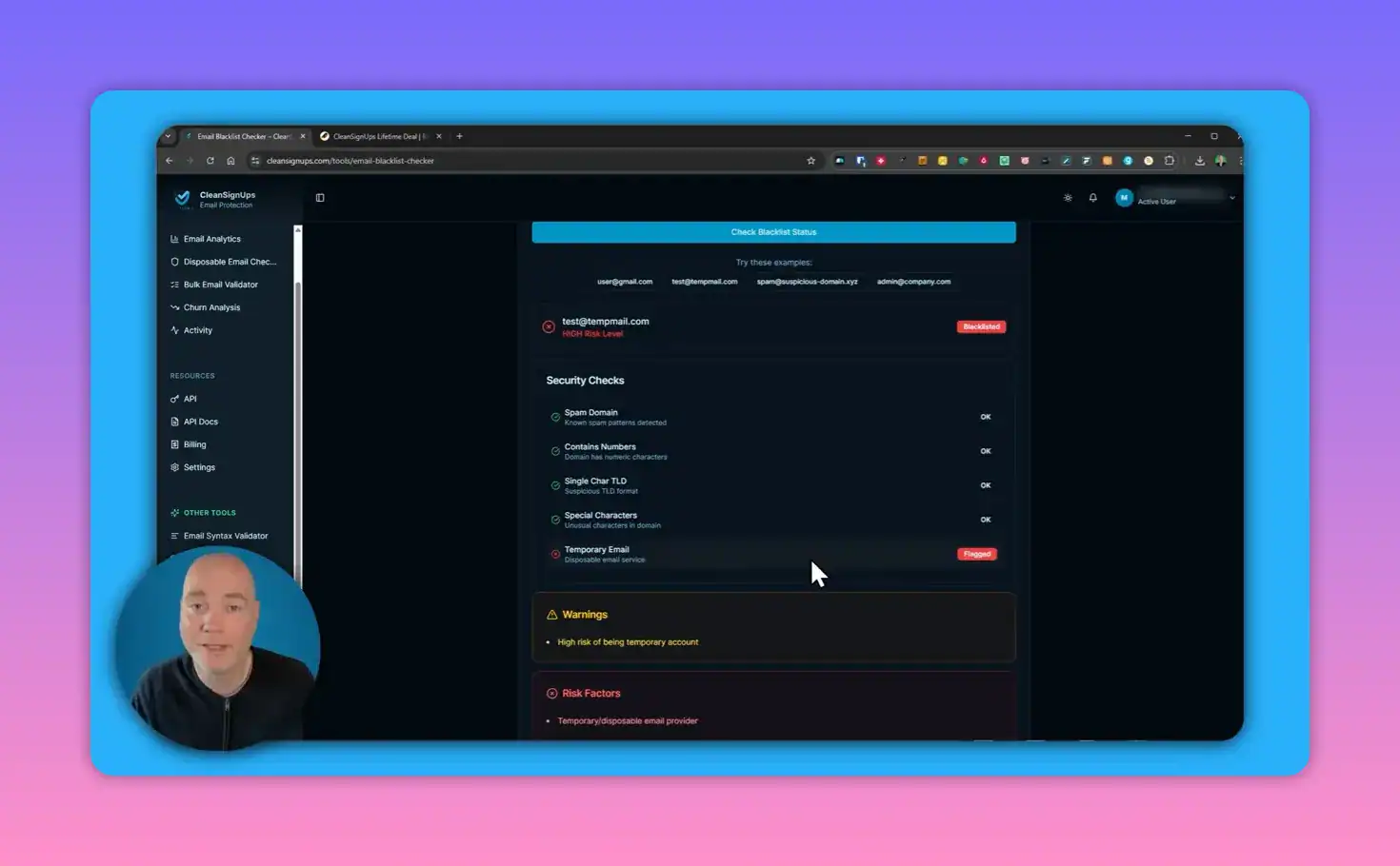 CleanSignups Email Blacklist Checker results showing a high-risk temporary email, security checks with OK/Flagged statuses, and a warnings panel.