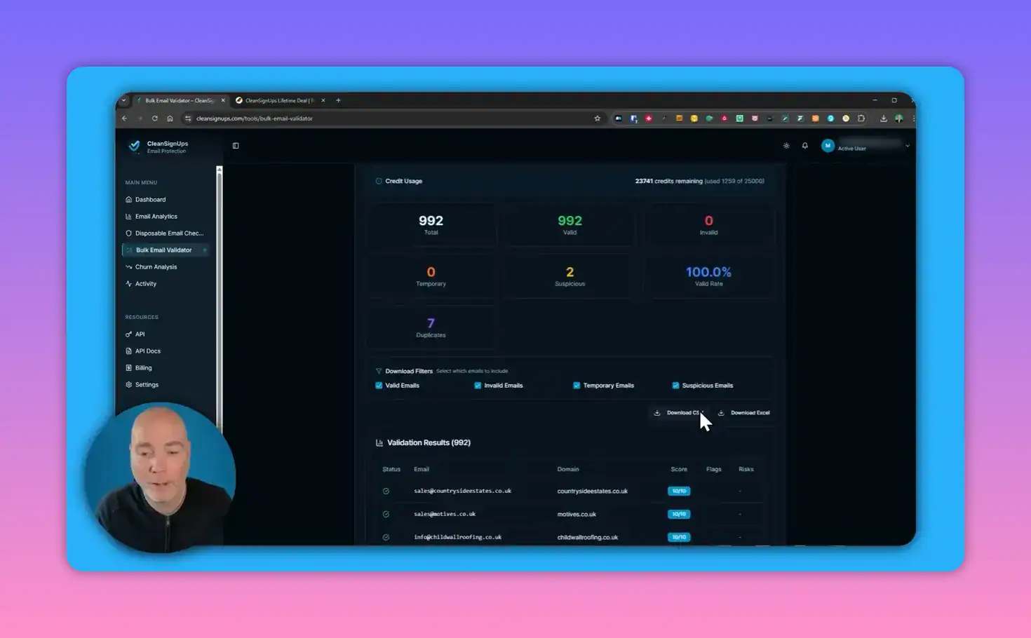 CleanSignups bulk validator results page showing 992 total and 992 valid, 2 suspicious, download CSV/Excel buttons and the validation results table.