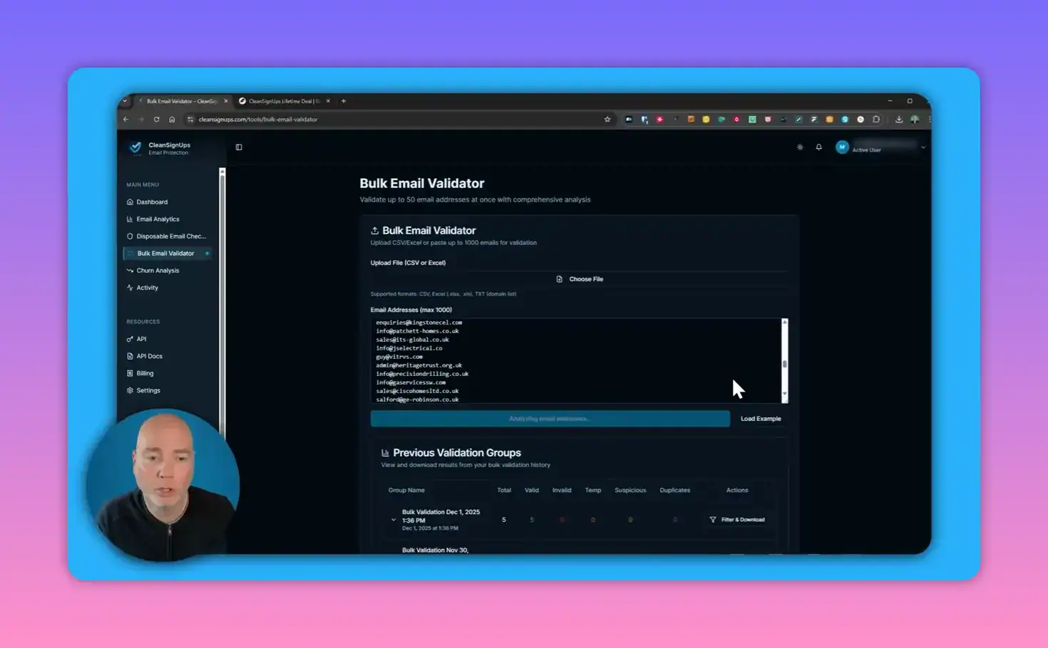 CleanSignups Bulk Email Validator showing a pasted list of email addresses and the upload control