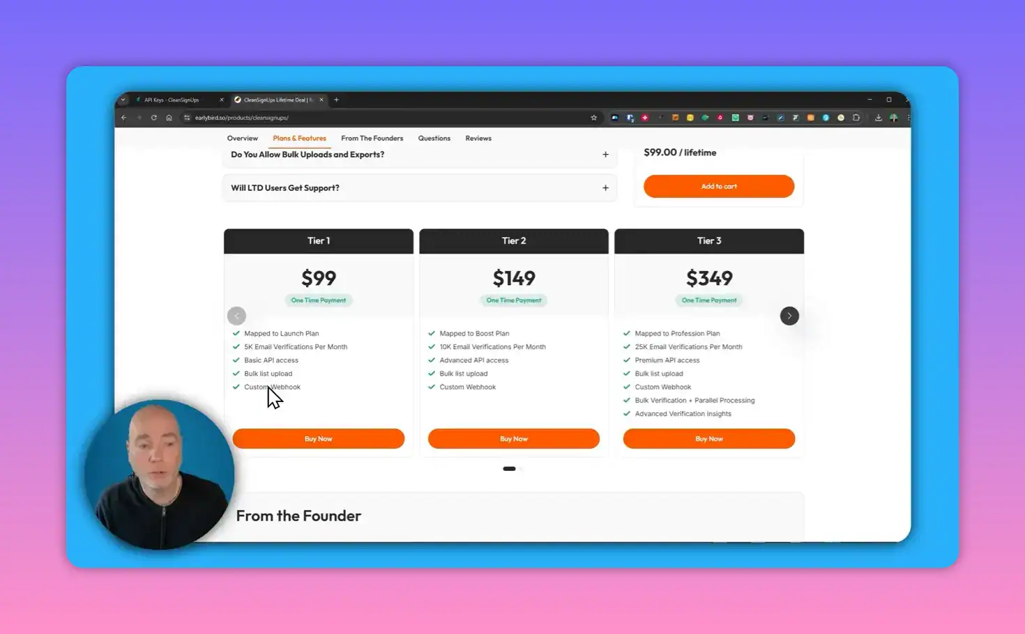 Pricing cards showing a $99 entry plan, $149 and $349 tiers with feature checklists and a presenter overlay.