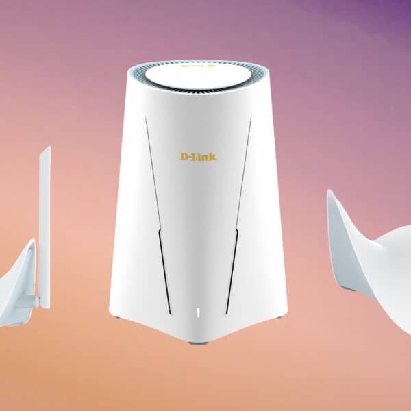 Three modern white Wi-Fi routers with varying antenna designs are displayed against a gradient pink and purple background.