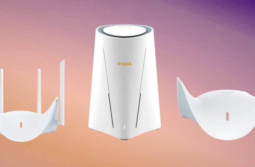 Three modern white Wi-Fi routers with varying antenna designs are displayed against a gradient pink and purple background.