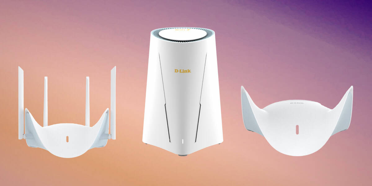 Three modern white Wi-Fi routers with varying antenna designs are displayed against a gradient pink and purple background.