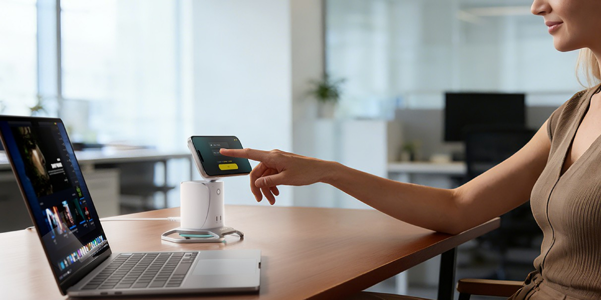 A person sits at a desk using a smartphone to make a contactless payment on a small terminal next to a laptop in an office setting.