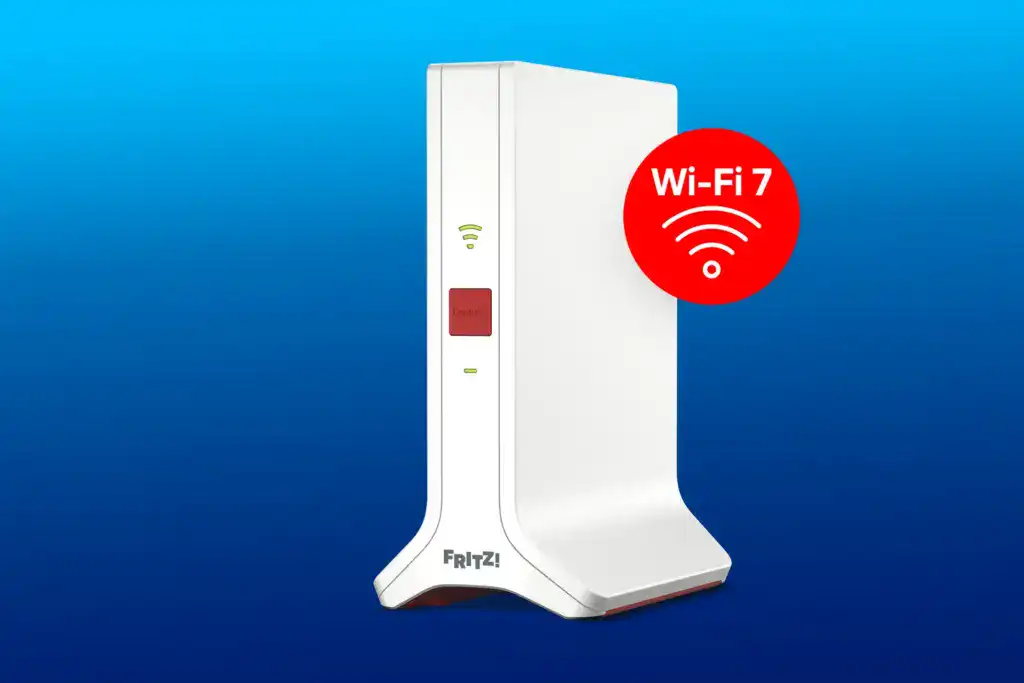 White FRITZ!Box Wi-Fi 7 router standing upright against a blue background, with a red Wi-Fi 7 symbol overlaid on the right.