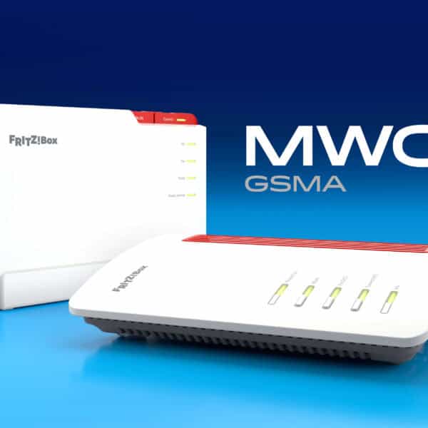 Two white FRITZ!Box routers with red accents are displayed on a blue gradient background with the text "MWC GSMA" beside them.