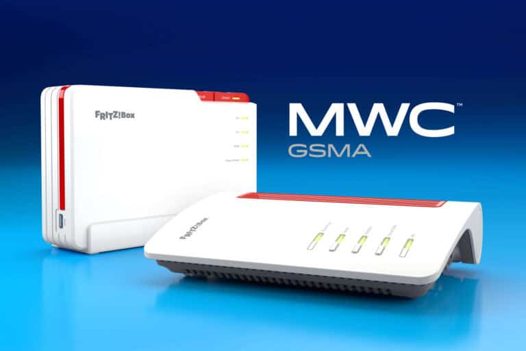 Two white FRITZ!Box routers with red accents are displayed on a blue gradient background with the text "MWC GSMA" beside them.