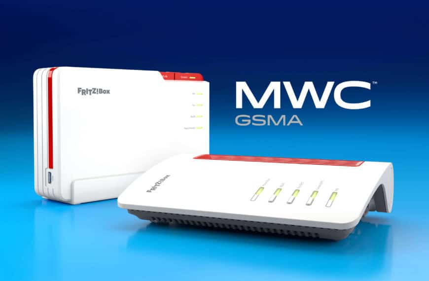 Two white FRITZ!Box routers with red accents are displayed on a blue gradient background with the text "MWC GSMA" beside them.