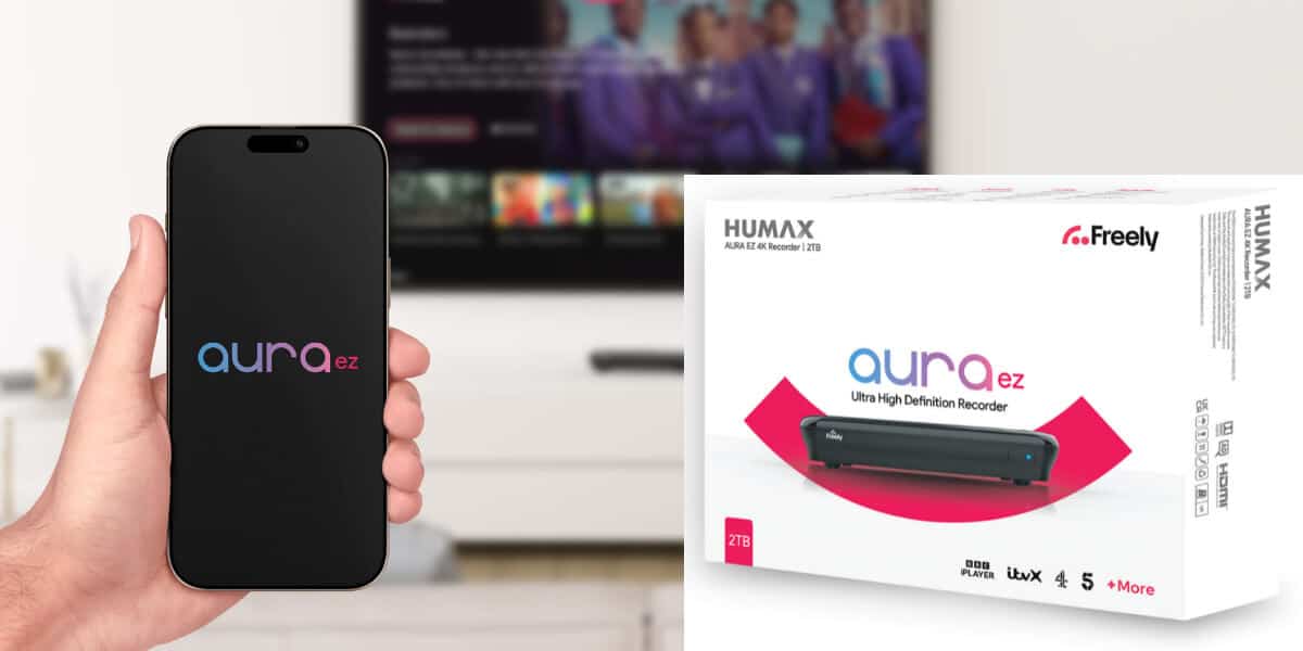 A hand holds a mobile displaying the Aura EZ logo; next to it is a Humax Aura EZ Ultra High Definition Recorder box on a white surface.