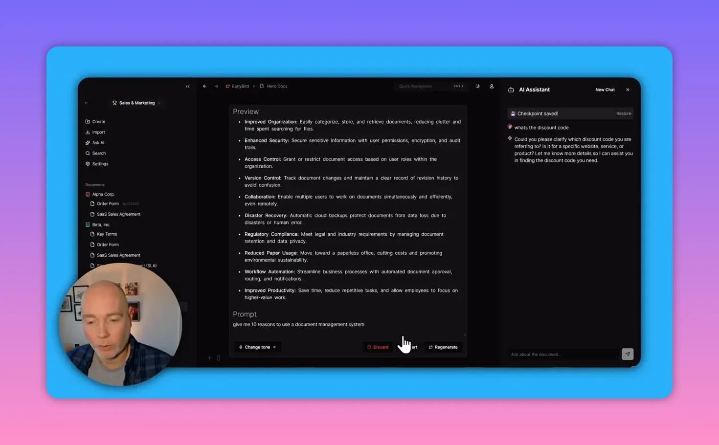 Hero full workspace showing left navigation, an AI generated preview in the center and the AI Assistant panel open on the right.