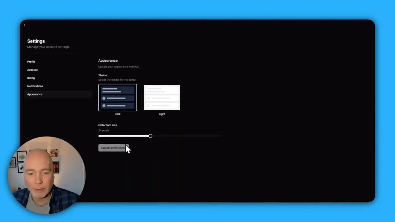 Hero appearance settings screen showing dark and light theme options and an editor font size slider