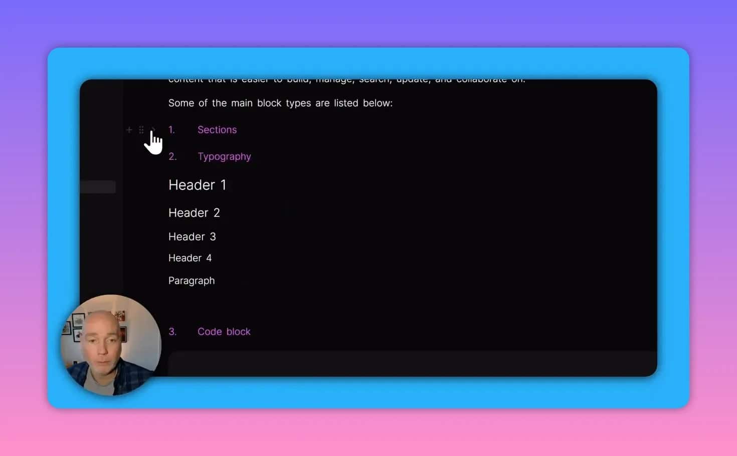 Hero.so interface showing a list of block types with Header 1, Header 2, Header 3 and paragraph examples.