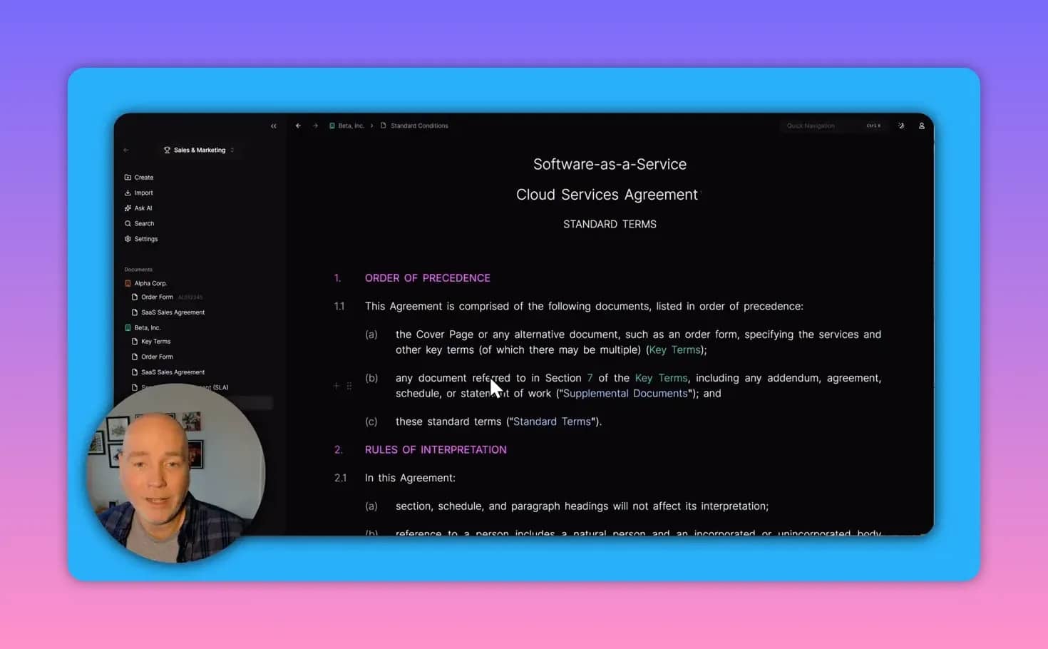 Hero.so editor displaying a 'Software-as-a-Service / Cloud Services Agreement' template with numbered sections and the left projects sidebar; presenter webcam circle lower-left.
