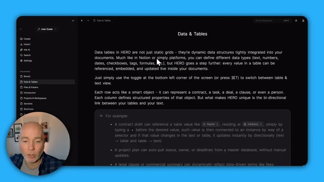 Hero app screenshot: 'Data & Tables' documentation page with explanatory text on a dark UI and left sidebar, circular presenter overlay in lower-left.