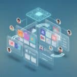 Isometric illustration of an AI-powered document management workspace with floating app windows, document thumbnails, project folders, team avatars, and a glowing neural-network motif representing AI-assisted organization