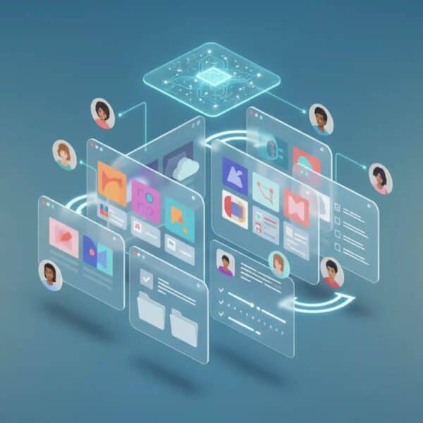 Isometric illustration of an AI-powered document management workspace with floating app windows, document thumbnails, project folders, team avatars, and a glowing neural-network motif representing AI-assisted organization