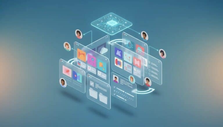 Isometric illustration of an AI-powered document management workspace with floating app windows, document thumbnails, project folders, team avatars, and a glowing neural-network motif representing AI-assisted organization