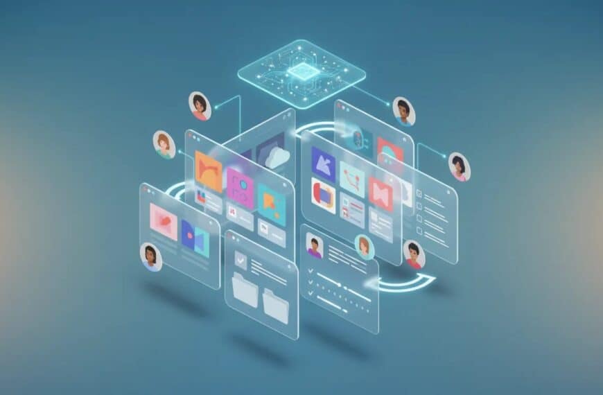 Isometric illustration of an AI-powered document management workspace with floating app windows, document thumbnails, project folders, team avatars, and a glowing neural-network motif representing AI-assisted organization
