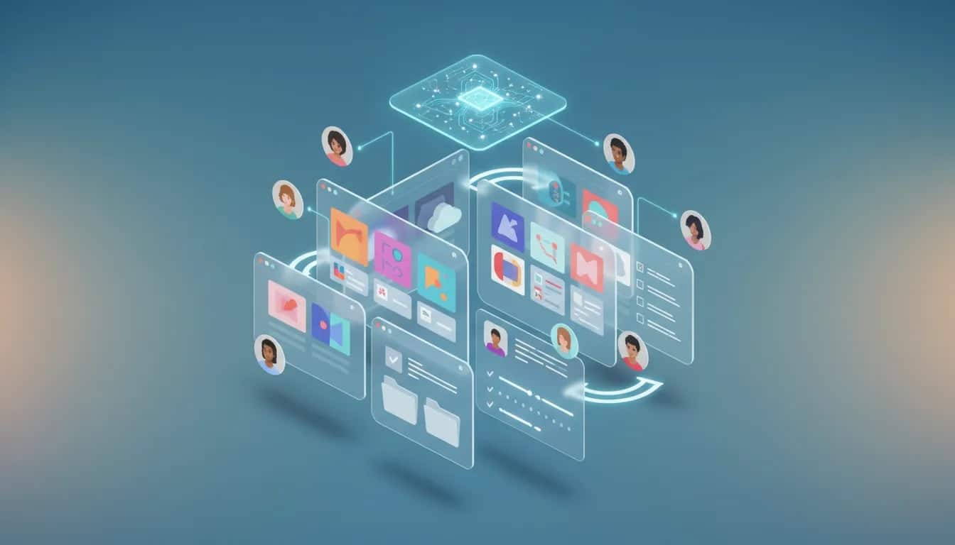 Isometric illustration of an AI-powered document management workspace with floating app windows, document thumbnails, project folders, team avatars, and a glowing neural-network motif representing AI-assisted organization