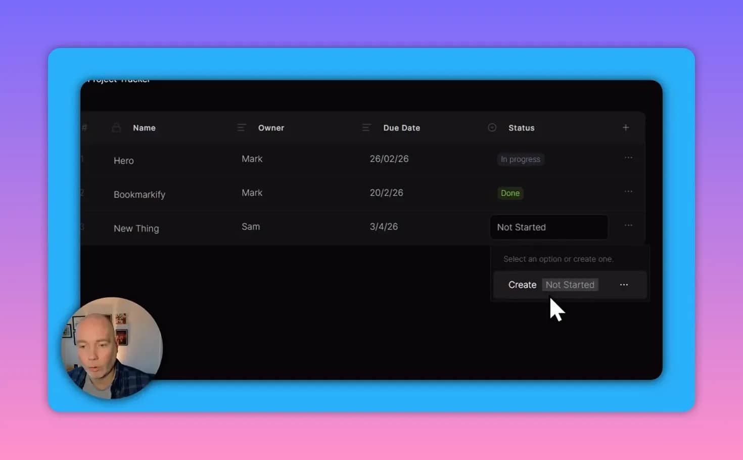Hero.so Project Tracker table with Status dropdown open showing 'Not Started' option and a 'Create' button, cursor over the create option.