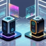 Two futuristic data servers with illuminated bases stand in a digital room, surrounded by floating data charts and graphs displayed on transparent screens.
