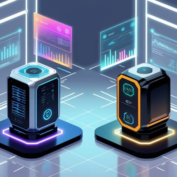 Two futuristic data servers with illuminated bases stand in a digital room, surrounded by floating data charts and graphs displayed on transparent screens.
