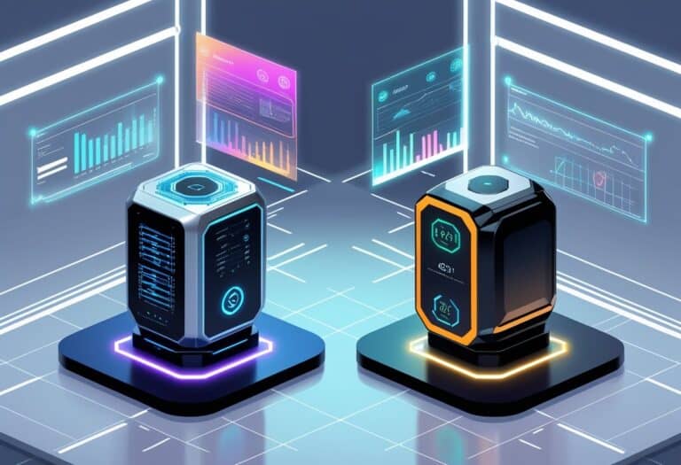 Two futuristic data servers with illuminated bases stand in a digital room, surrounded by floating data charts and graphs displayed on transparent screens.