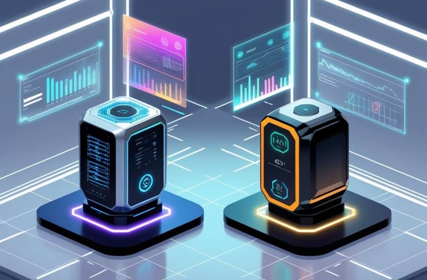 Two futuristic data servers with illuminated bases stand in a digital room, surrounded by floating data charts and graphs displayed on transparent screens.
